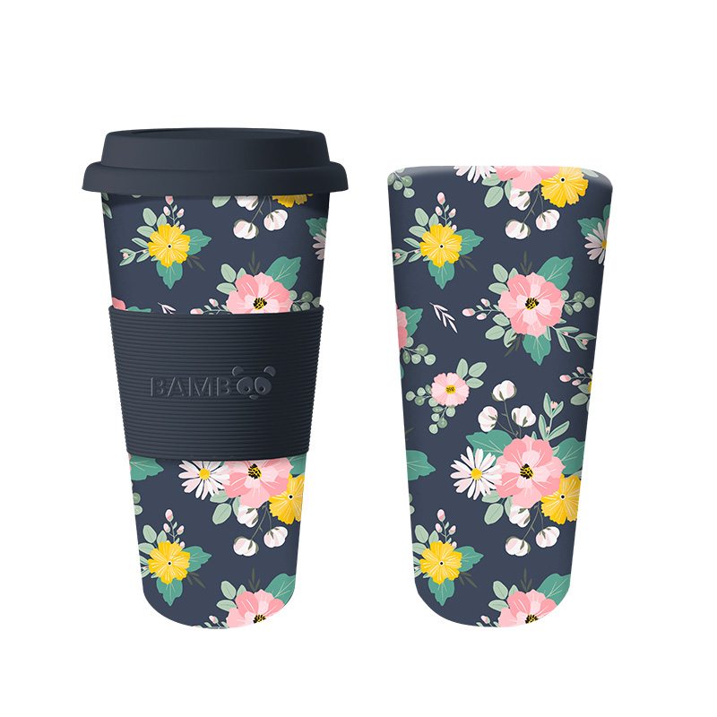 Image Tasse en bambou, Fleurs Roses Et Jaunes