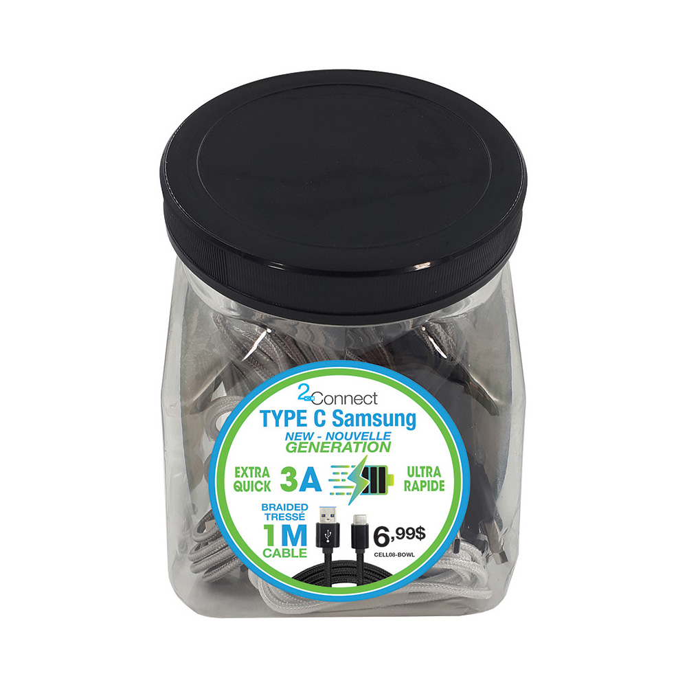 Image Bol comptoir contenant 24 x câbles tressés USB-A à Type-C - 1 m