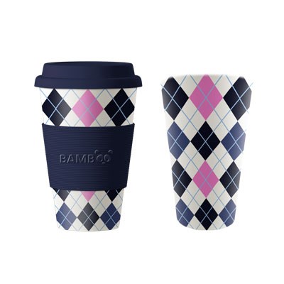 Image Tasse en bambou, MOTIFS A CARREAUX, marine et rose (Recharge)