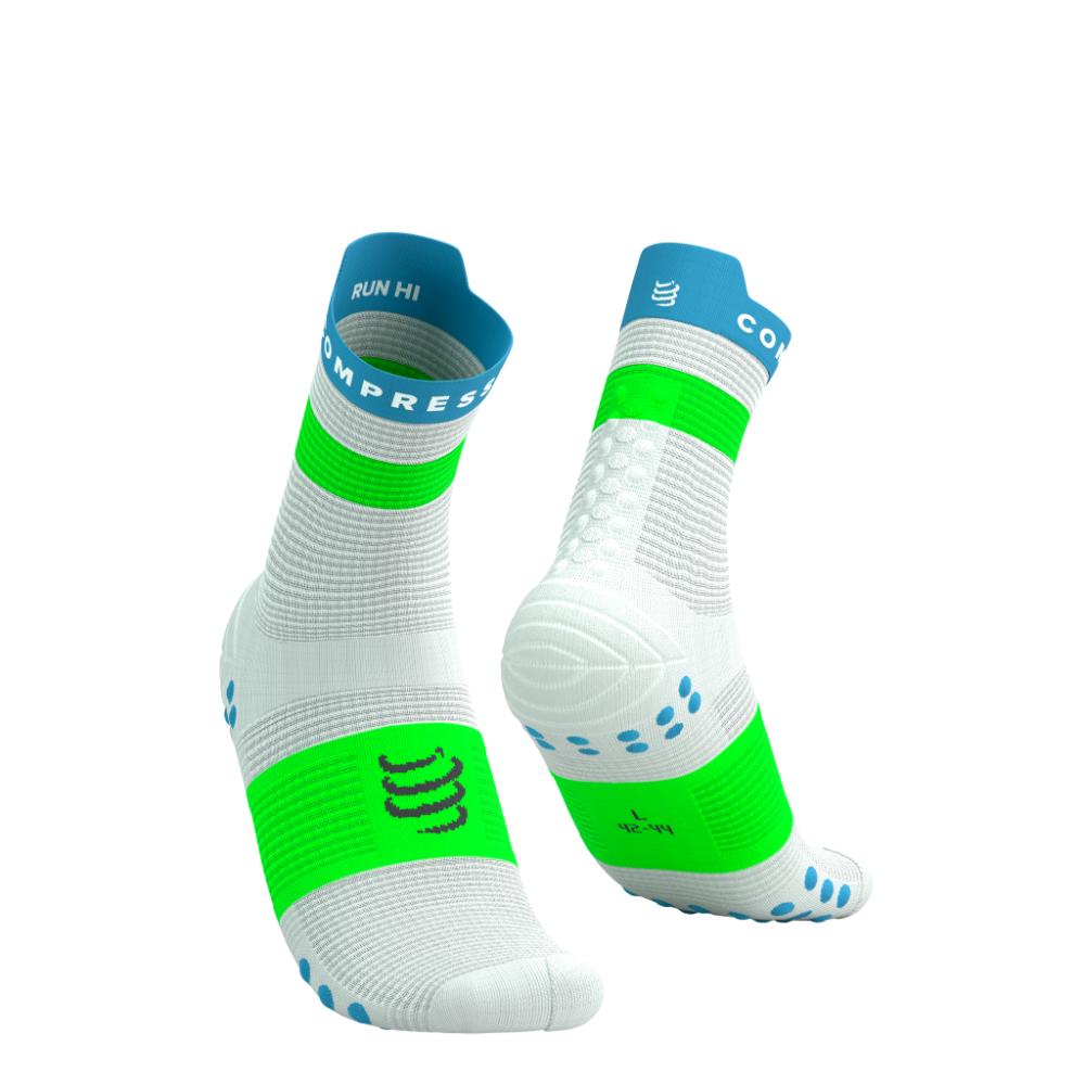 Image Compressport Pro Racing Socks V4.0 Run High Unisexe BLANC/BLEU NORDIQUE/VERT FLUO T2